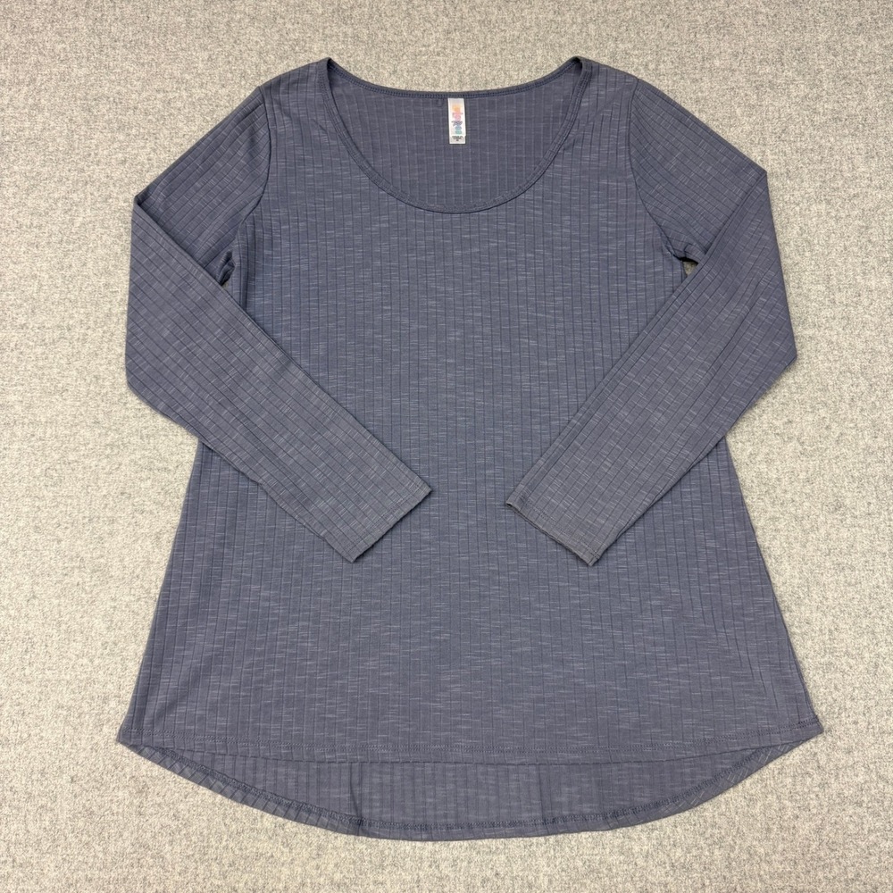 LuLaRoe Ribbed Long Sleeve Top Size Medium Blue Gray Scoop Neck High Low 1723
